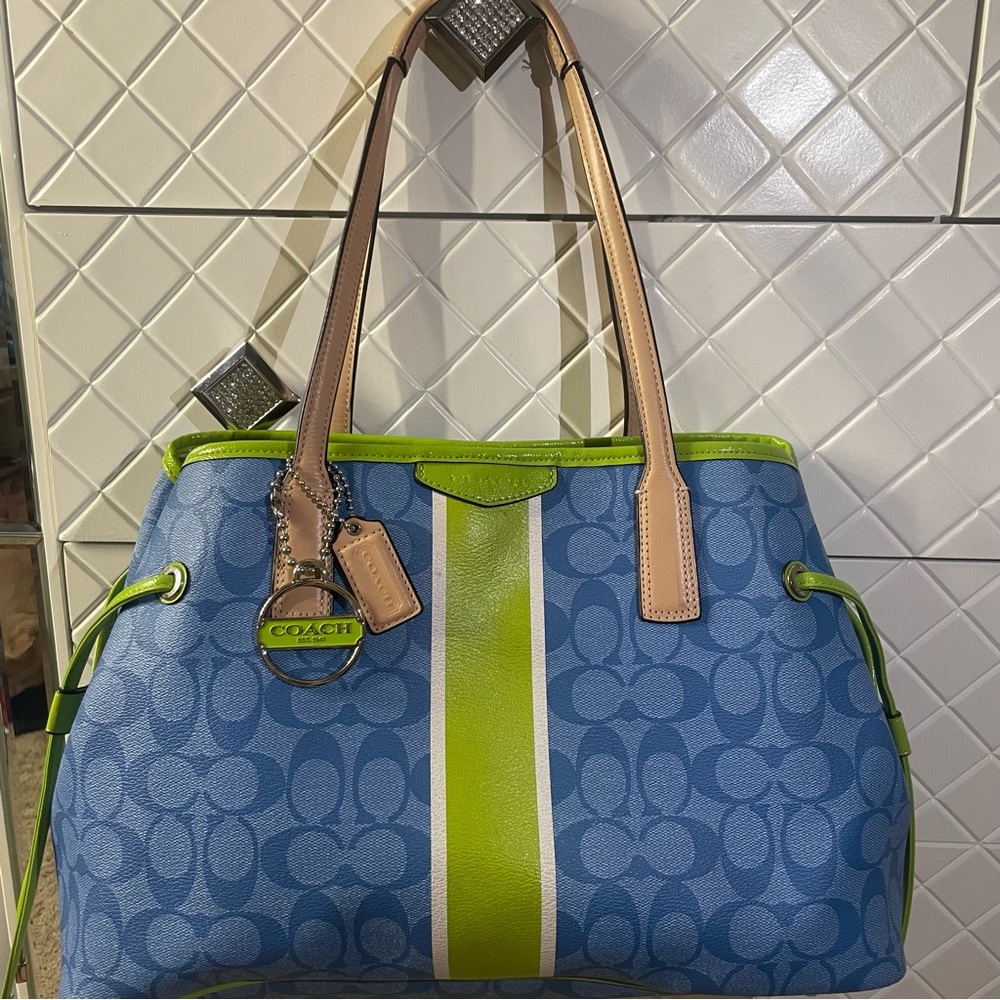 Coach F29064 Signature Stripe Drawstring CarryAll Silver/Blue/Green
